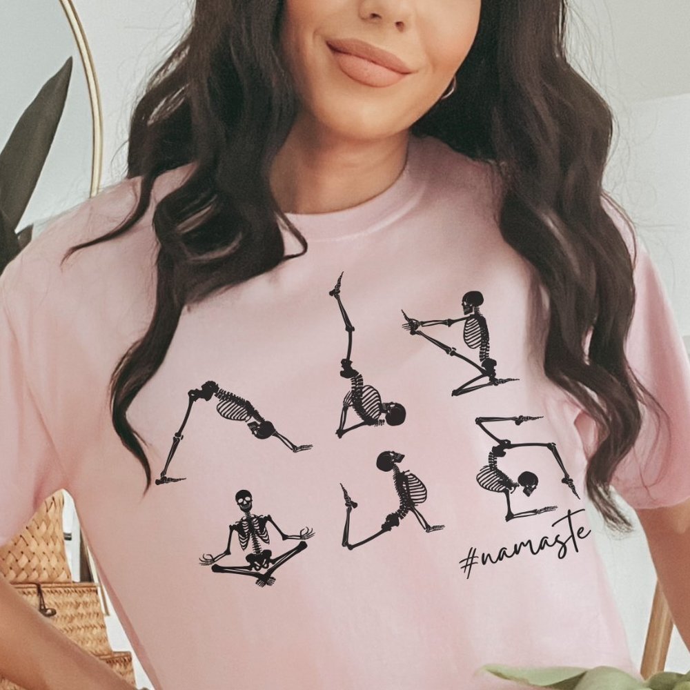 Halloween Namaste Yoga Skeletons on Pink T Shirt